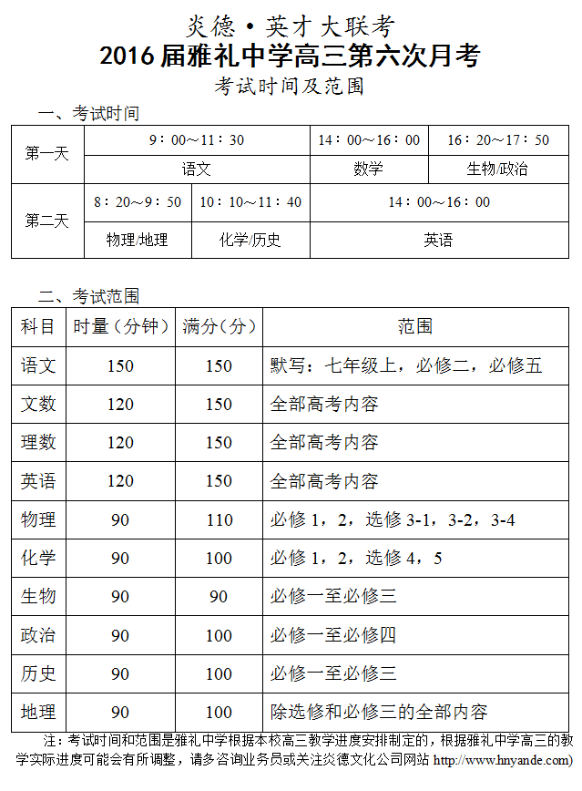 炎德英才大聯(lián)考雅禮中學(xué)2016屆高三第6次月考考試時間和范圍