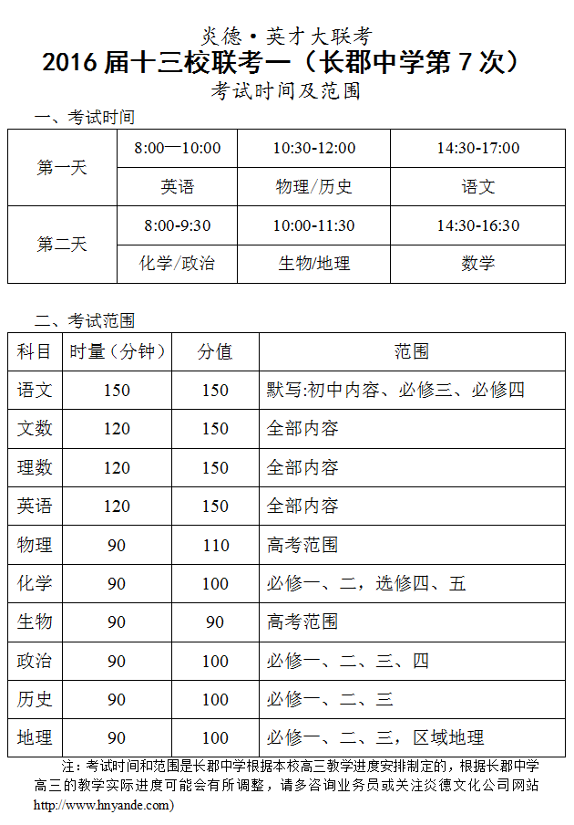 炎德英才大聯(lián)考2016屆高三十三校聯(lián)考一（長郡第7次）考試時(shí)間和范圍