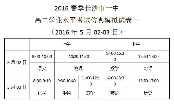 2016春季長沙市一中高二學業(yè)水平考試仿真模擬試卷一考試時間安排（2016.5.2-3）